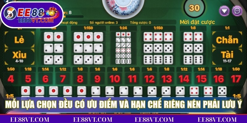 Tài Xỉu EE88 - Cược Thú Vị, Không Thể Bỏ Qua Hôm Nay 3 Mỗi lựa chọn đều có những ưu điểm và hạn chế riêng nên phải lưu ý